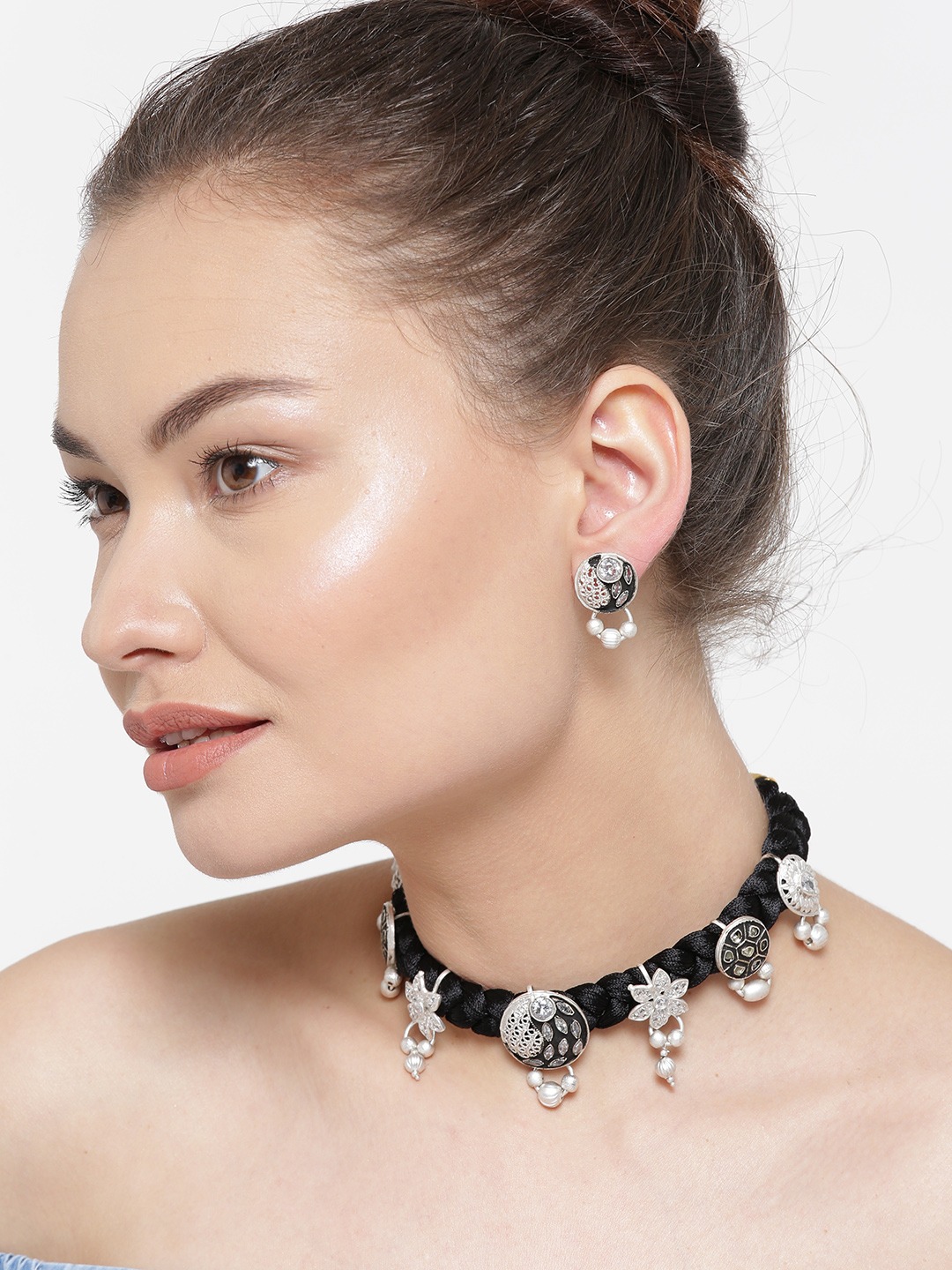 YouBella Black Silver-Toned Stone-Studded Braided Jewellery Set